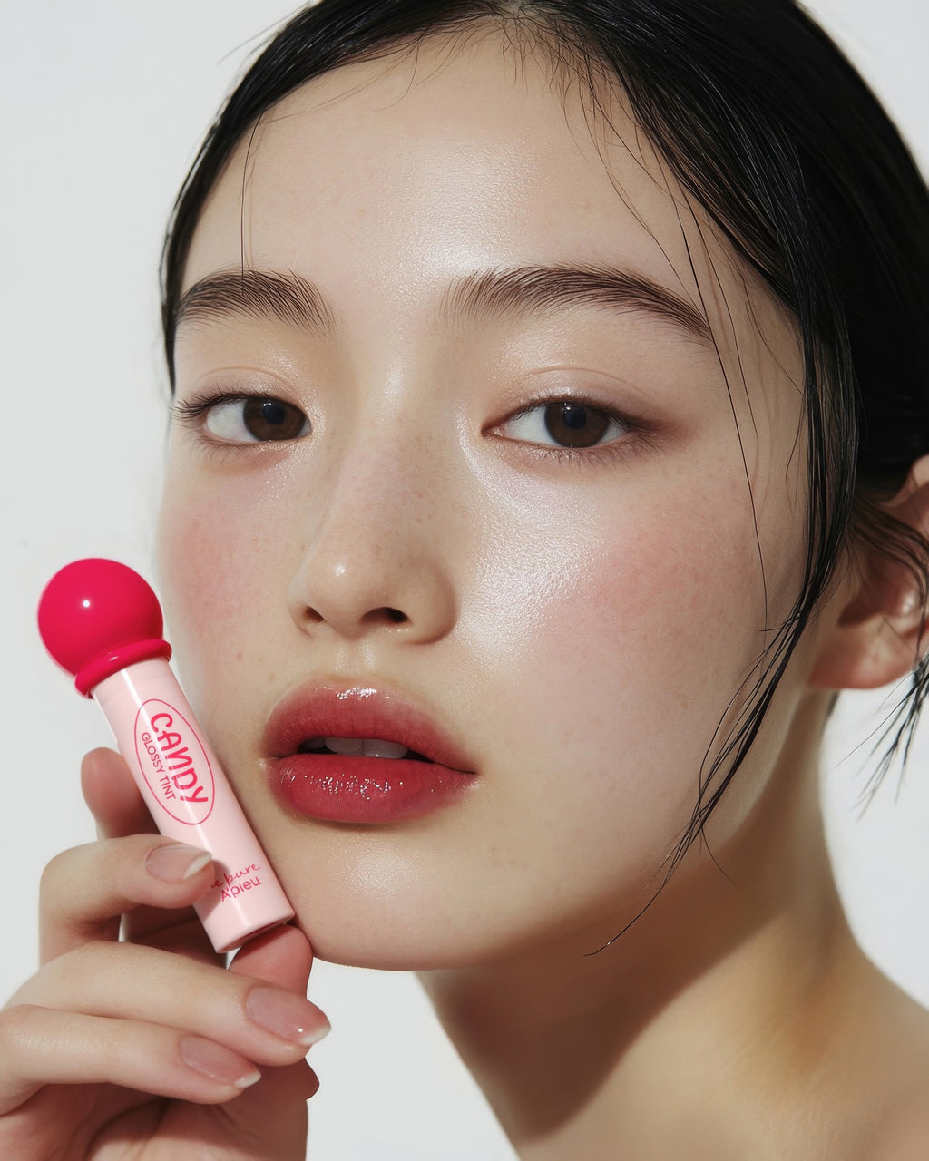 A'PIEU Candy Tint 01 Cherry shown with a model