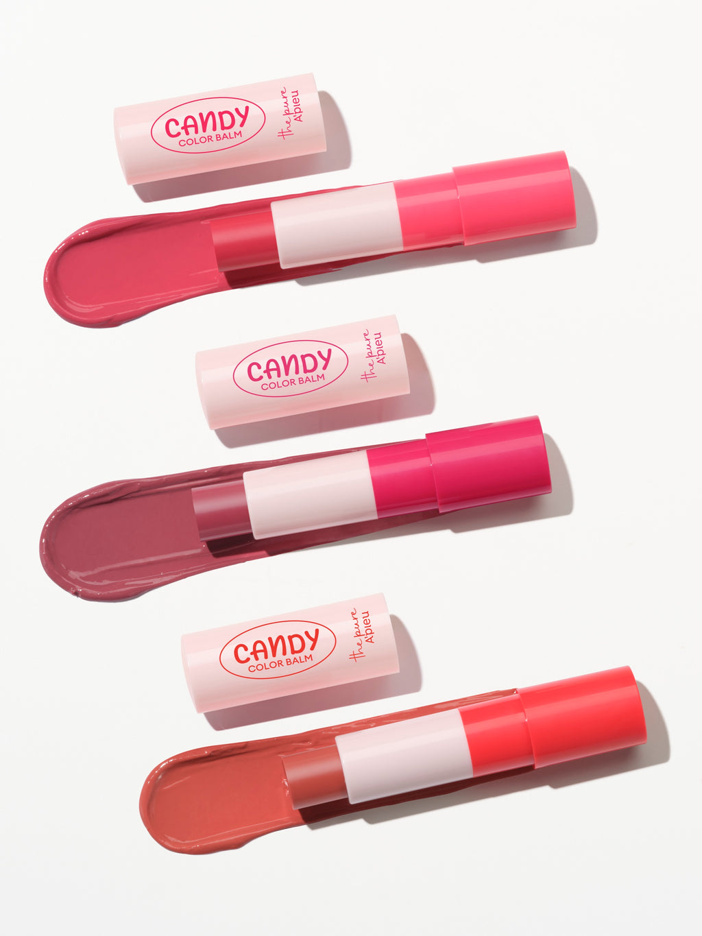 A'PIEU Candy Color Balm three shades displayed with balm textures