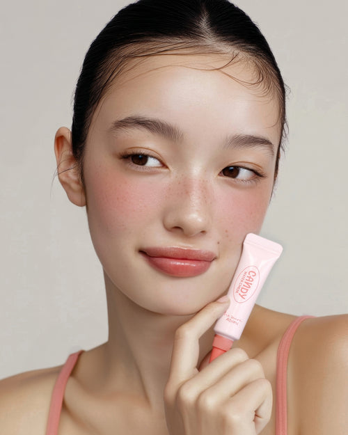 A'PIEU Candy Water Cheek 02 Guava shown with a model